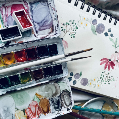 Aquarellkurs | offene Runde für alle Level | Aquarellutensilien und Aquarellkranz gestaltet von Frau Feierlich
