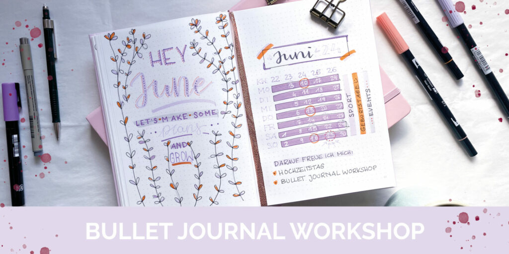 Bullet Journal mit Juni Monatsraster und Stiften